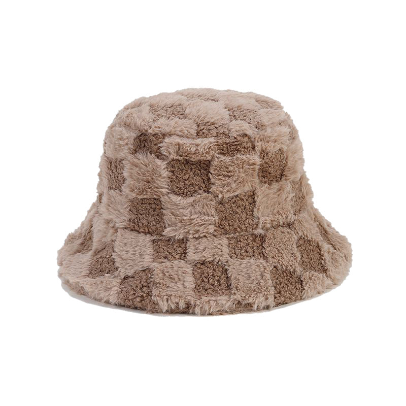 Winter Fuzzy Trendy Plaid Thick Warm Bucket Hat