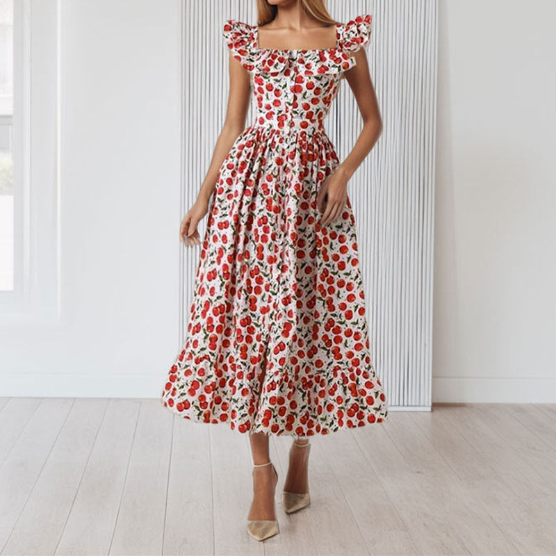 French Floral High-Waisted A-Line Dress with Flutter Sleeves