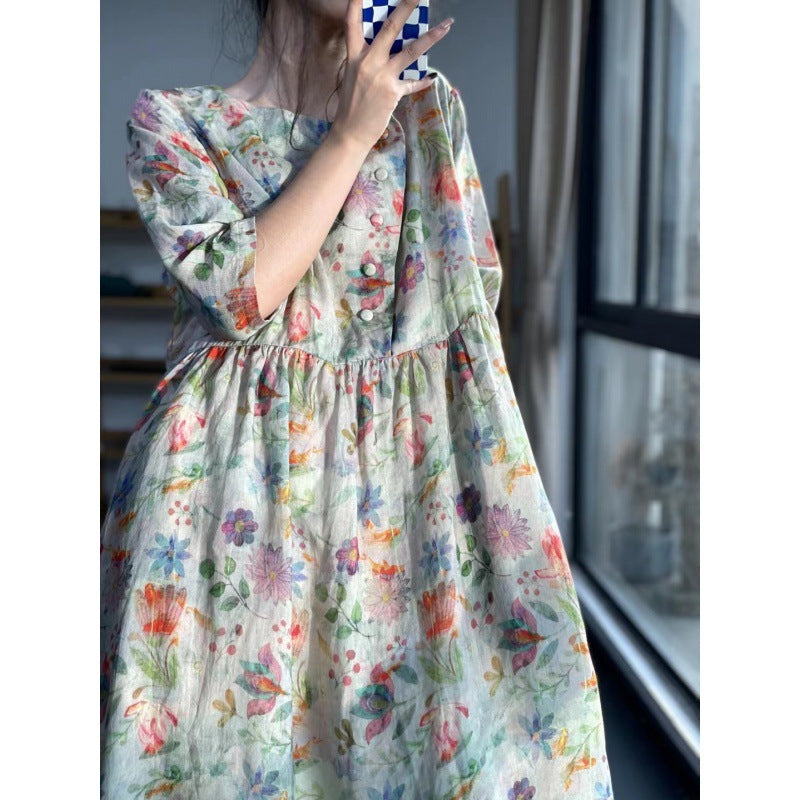 Summer Printing Unique And Unique Skirt Round Neck Forest Cotton Linen Imitation Ramie Fragmented Flower Dress