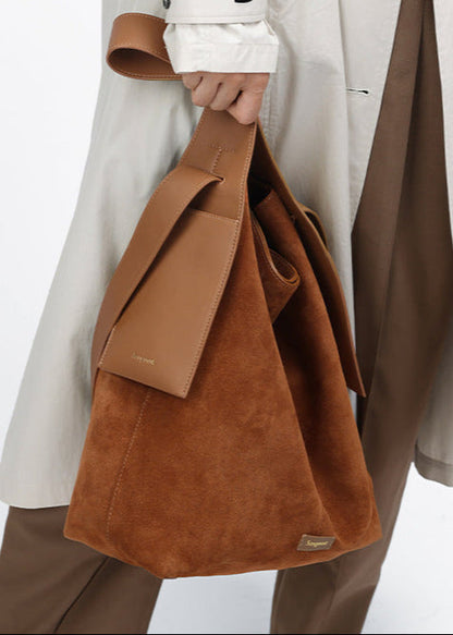 Suede Leather Bucket Tote Bag Brown Green