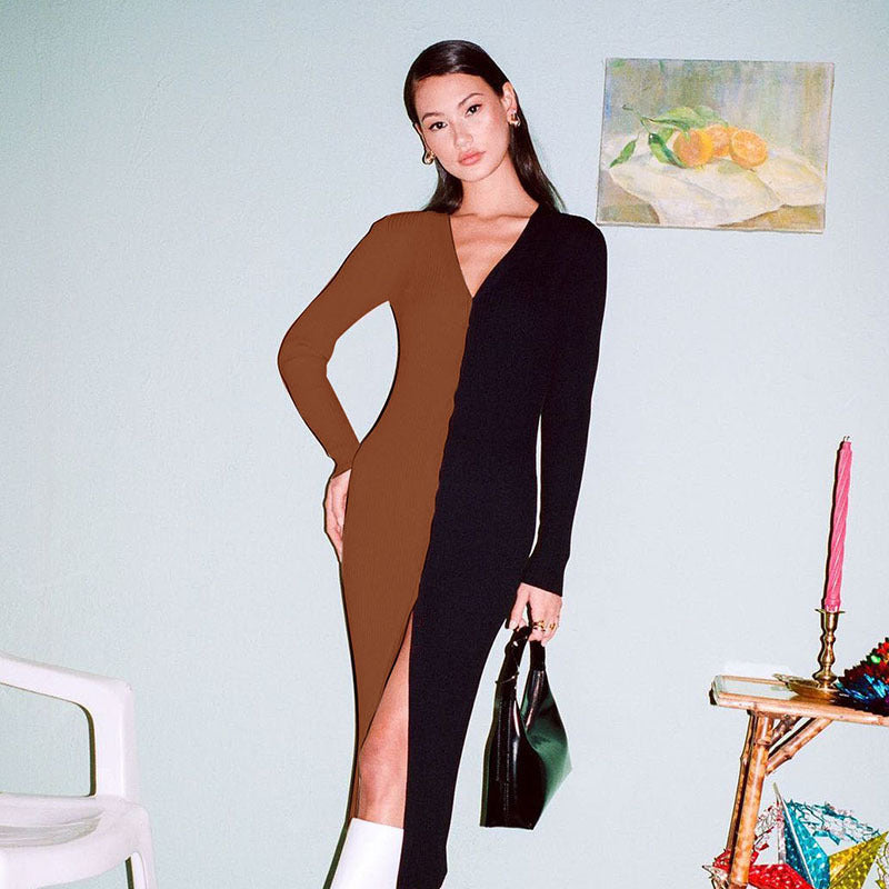 Women'S Autumn New Temperament Commuter Color Matching Button High Waist Long Dress