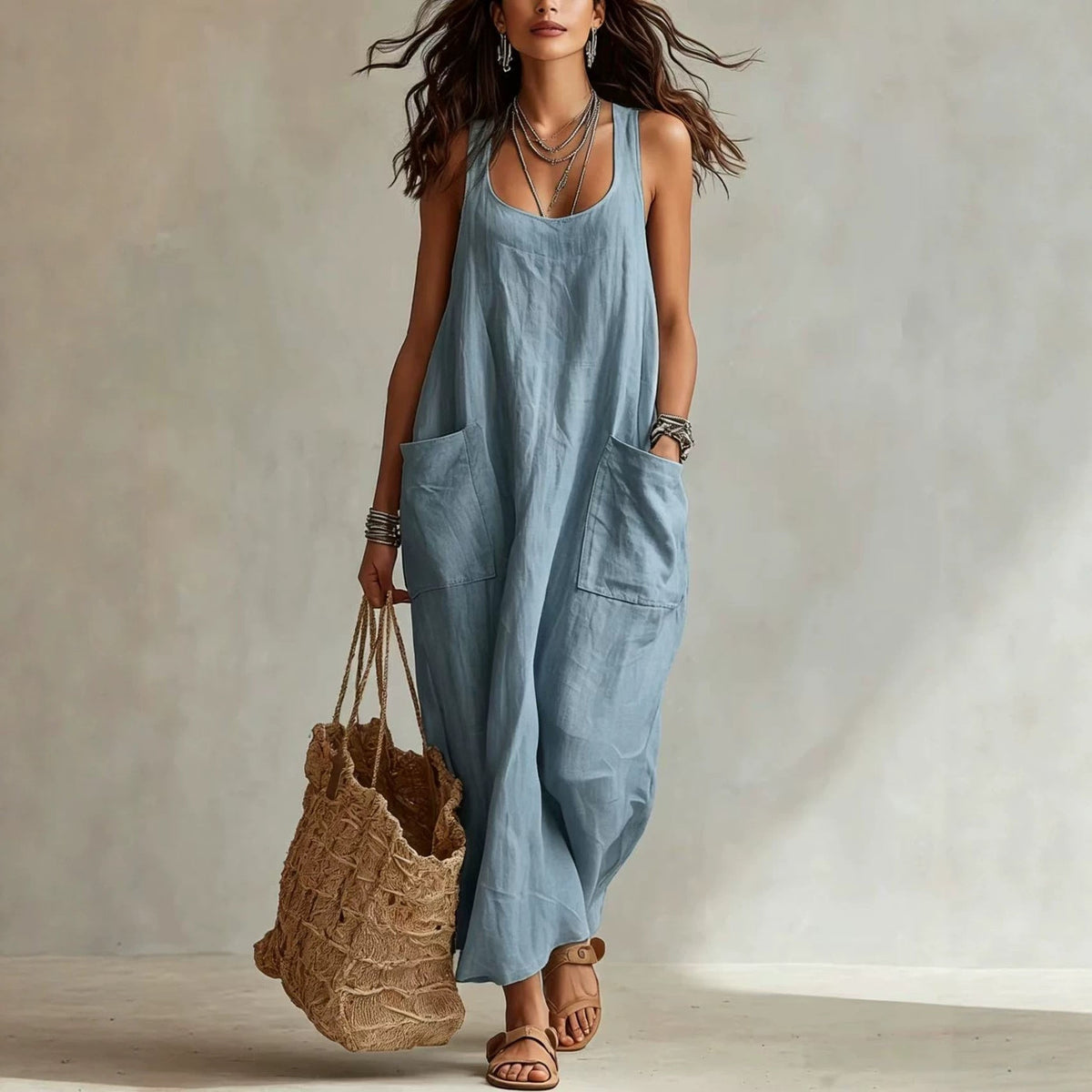 U-Neck Sleeveless Loose Pocket Maxi Dress, Casual Flowy Long Dress