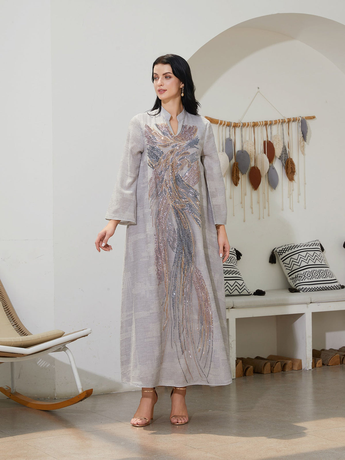 Elegant Mesh Sequin Abaya Maxi Dress for Women