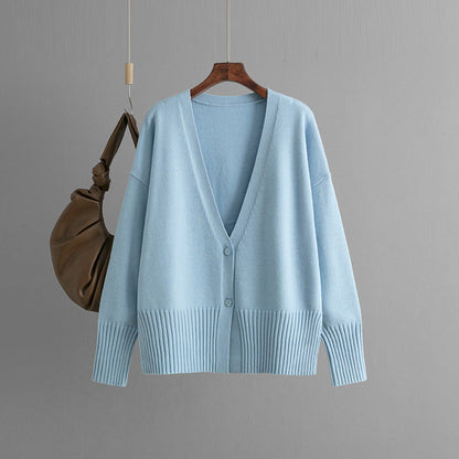 Elegant V-Neck Solid Color Loose Knit Cardigan