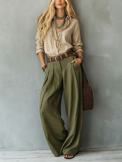 Navy Blue Loose Linen Shirt & Beige Pleated Wide Leg Linen Pants 2 Piece Boho Co-Ord Set