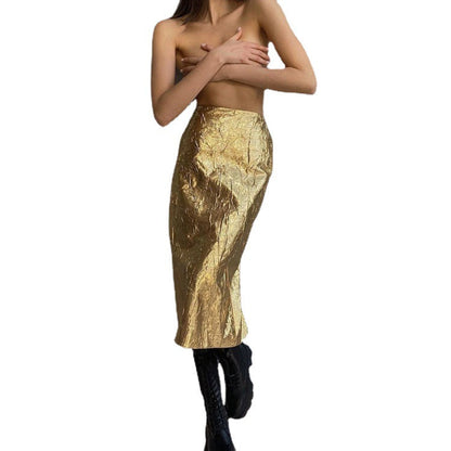 High-Waisted Ruched Midi Skirt with Slit