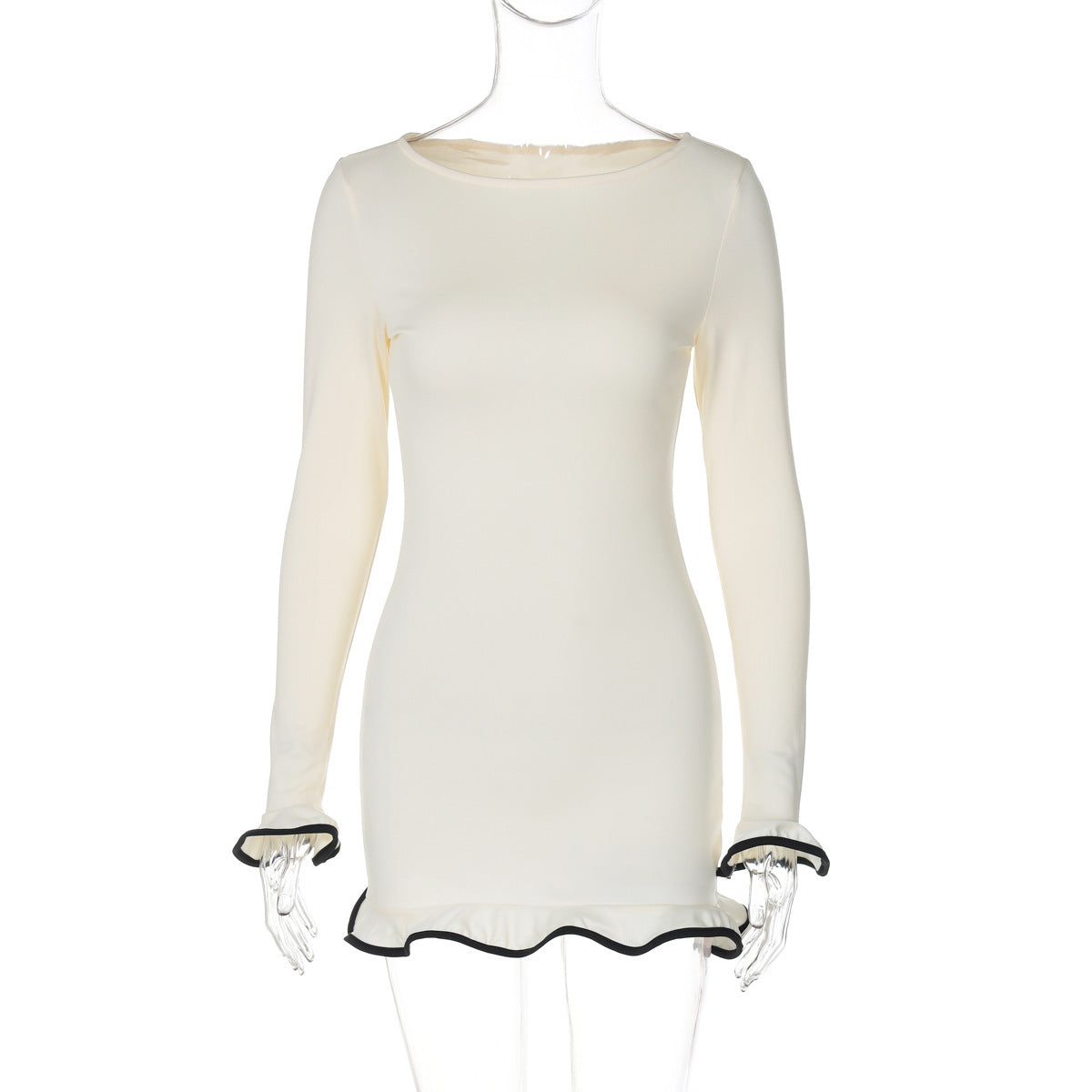 Sexy Ruffled Hem Dress Long Sleeve Knitted Mini Dress