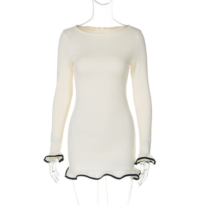 Sexy Ruffled Hem Dress Long Sleeve Knitted Mini Dress