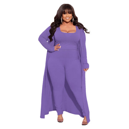 High Stretch Ribbed Three-Piece Set Stylish Casual Outfit