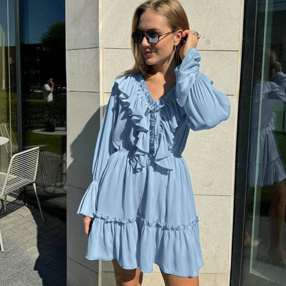 V-Neck Ruffle Sleeve White Dress Trendy Casual Dress