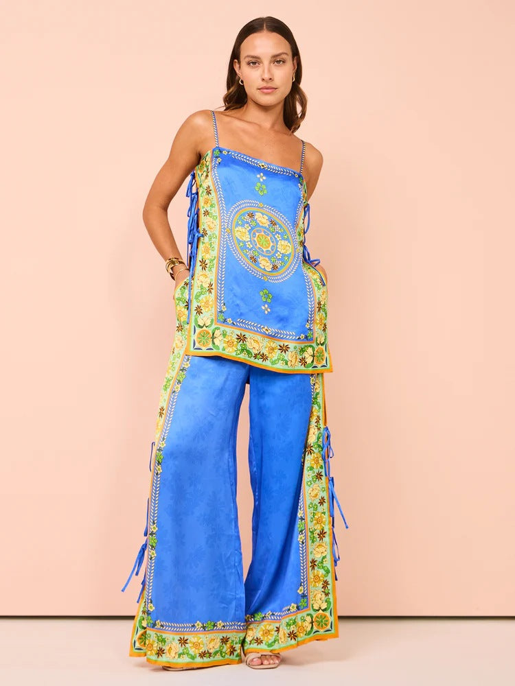 Stylish Vintage Ethnic Print Satin Lounge Set