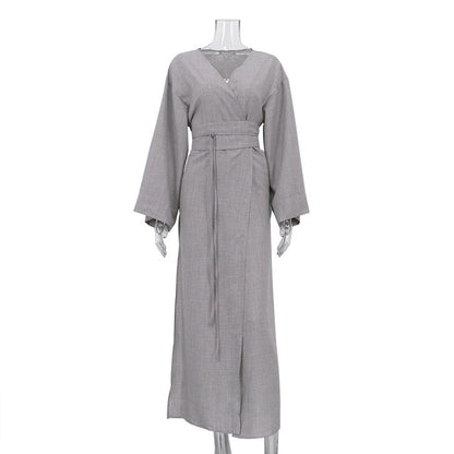 Casual Cross-Design Lace-Up French Dress V-Neck Long Sleeve High Waist Maxi Dress