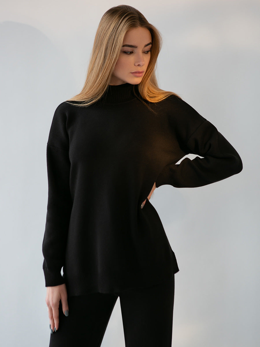 High Collar Side Split Knit Sets