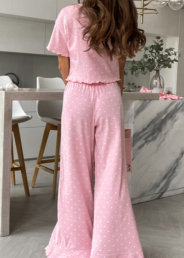 Polka Dot Cotton Lounge Set with Ruffle Hem