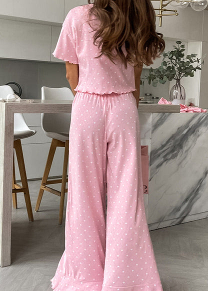 Polka Dot Cotton Lounge Set with Ruffle Hem