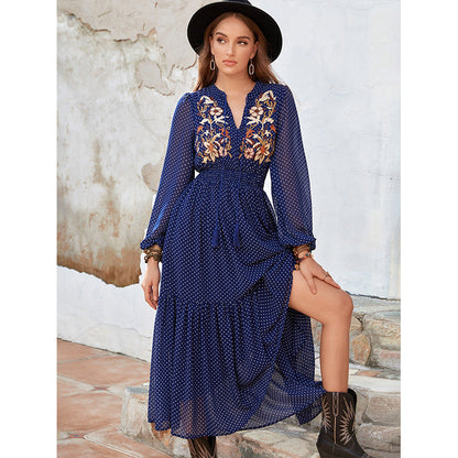 New Spring And Autumn Chiffon Long Sleeve Embroidery Black High Waist Polka Dot Long Dress