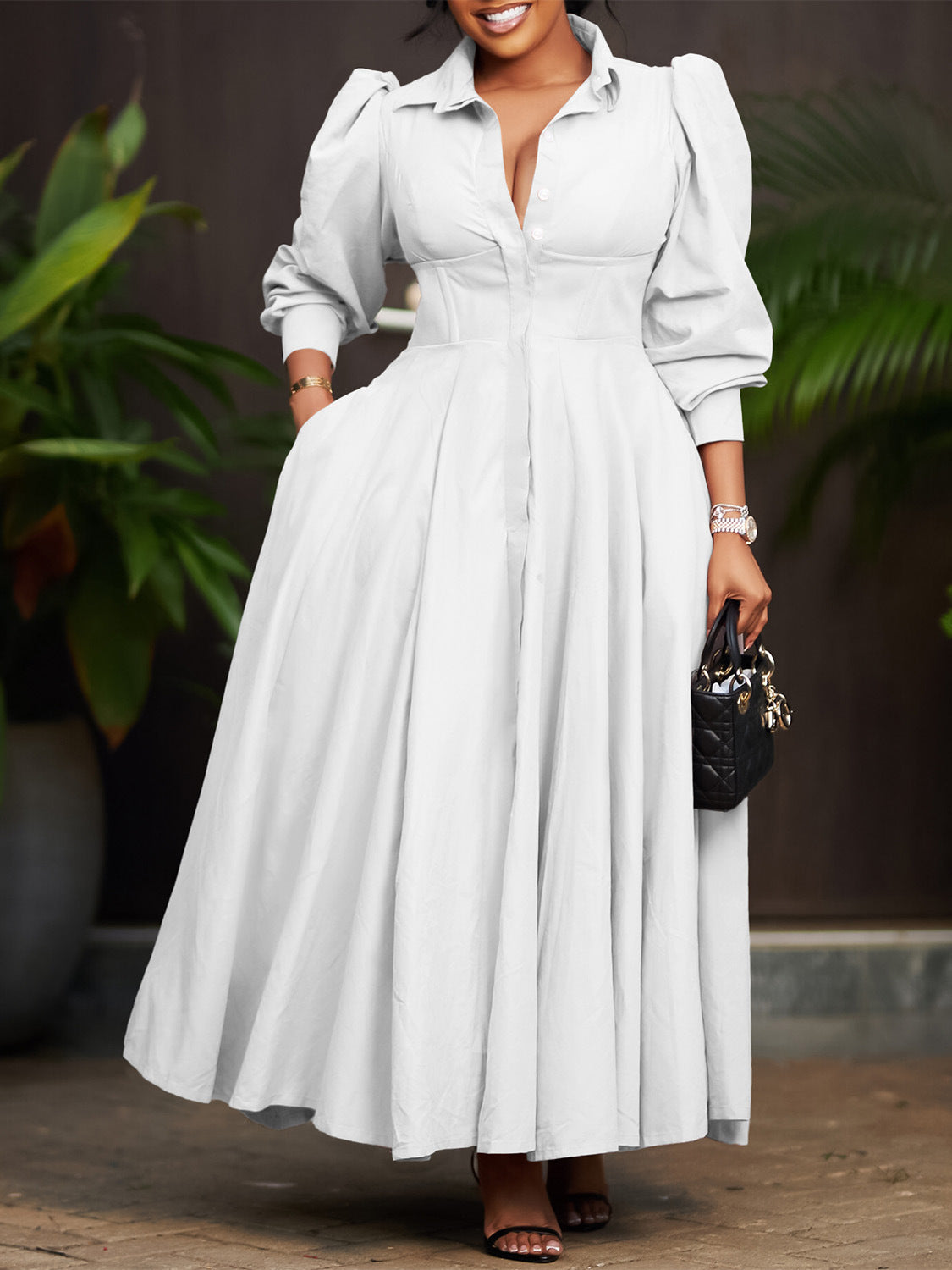 Elegant Long Sleeve Midi Shirt Dress In Solid Colors