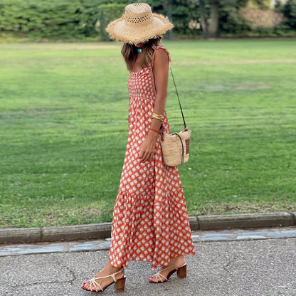 Summer Women'S Elegant Print Elastic Strap Skirt Holiday Style French Fragmented Flower Hanging Strap Long Dress