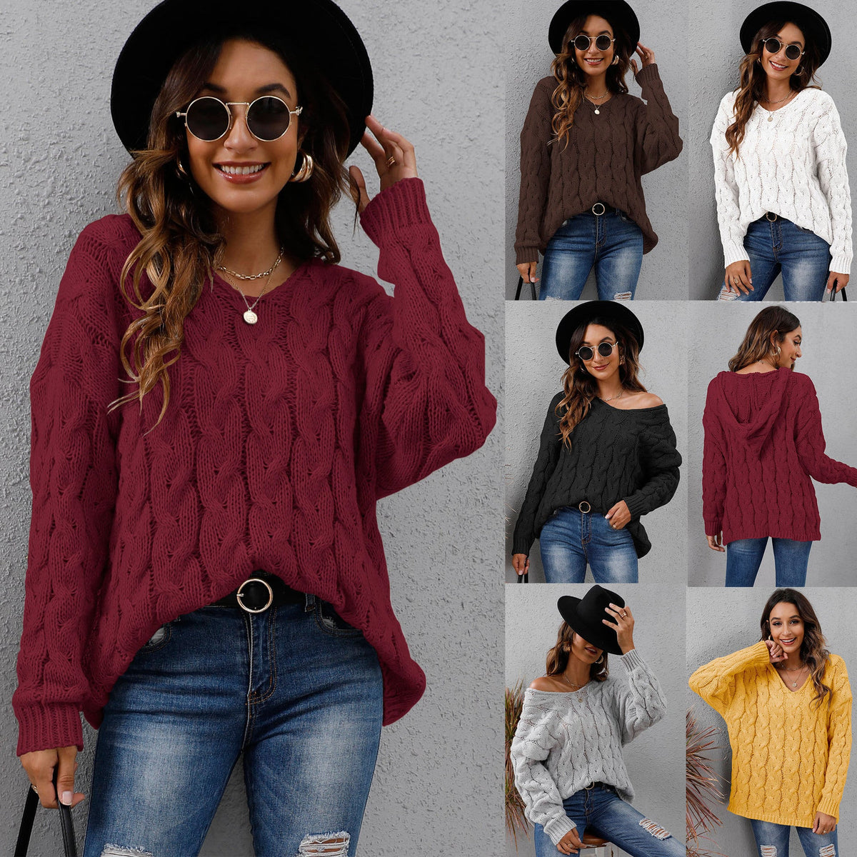 Fashionable Chunky Knit V-Neck Hoodie Sweater For Women