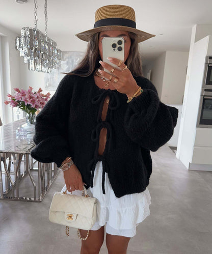 Crew Neck Lace-Up Knitted Cardigan Jacket Autumn And Winter New Solid Color Commuting Simple Sweater Women