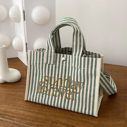 Trendy Stripe Canvas Tote Bag Large Capacity