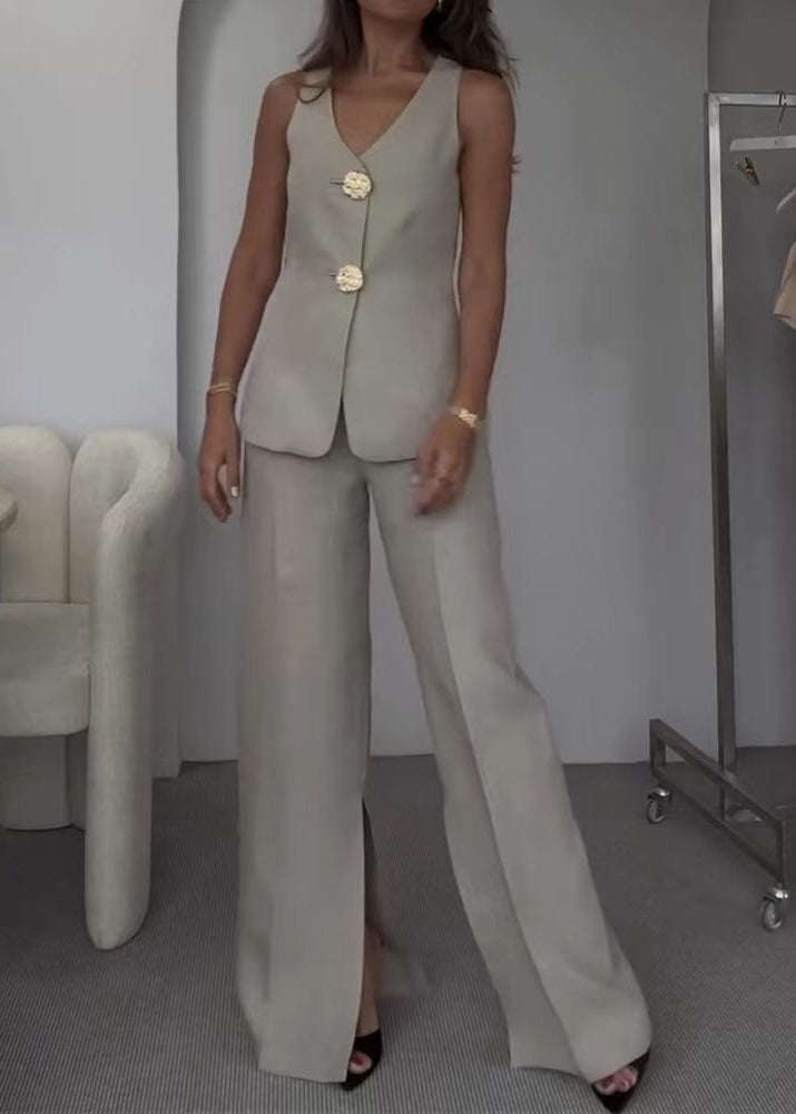 Wide Leg Linen Cotton Blend Vest And Trousers