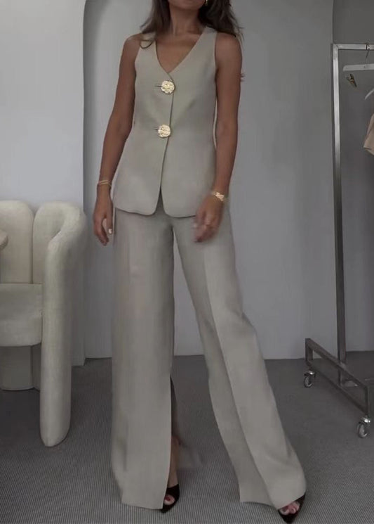 Wide Leg Linen Cotton Blend Vest And Trousers