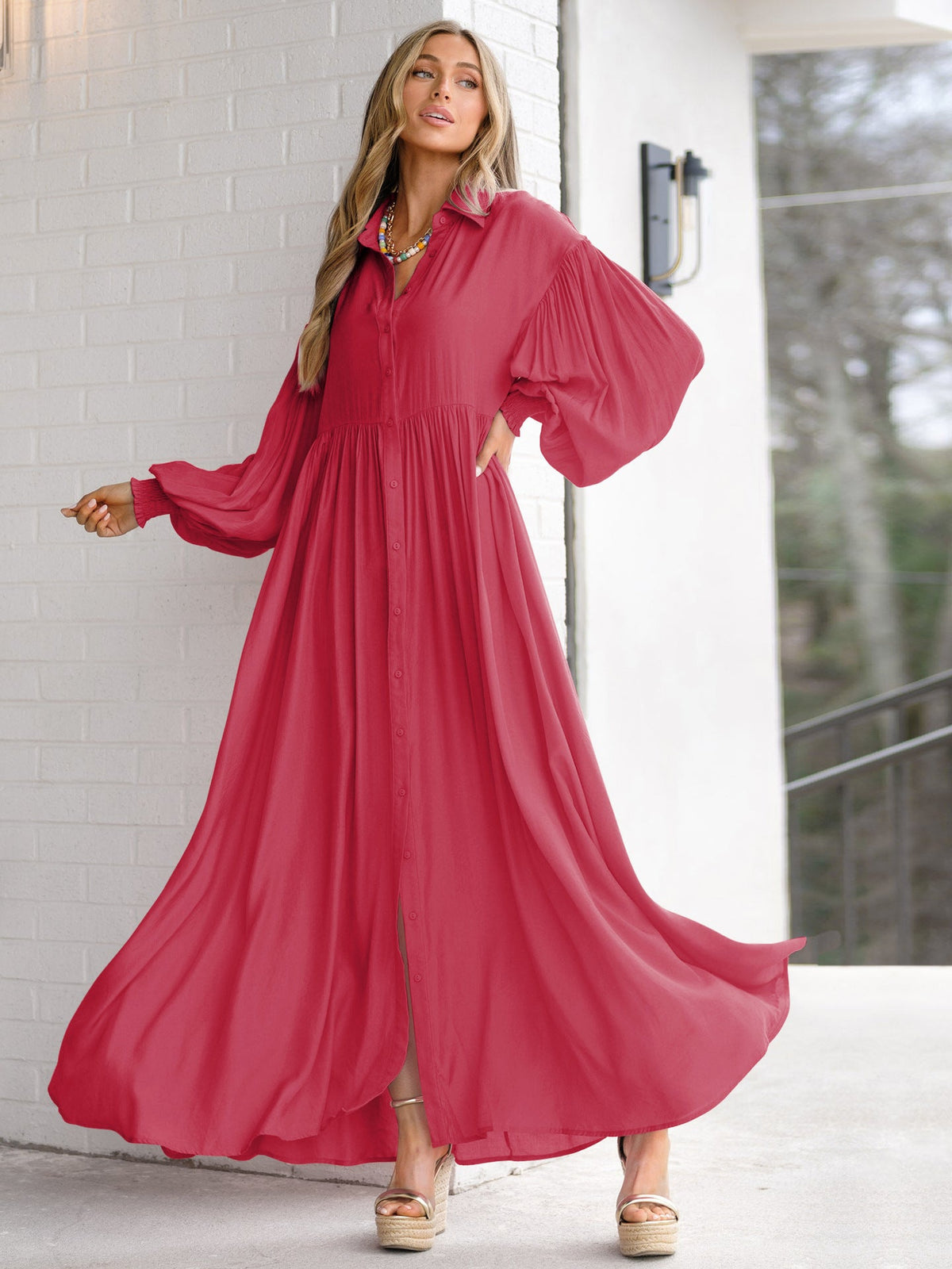 Autumn And Winter New Product Long Solid Color Dress Button Long Dress Loose Oversized Swing Skirt