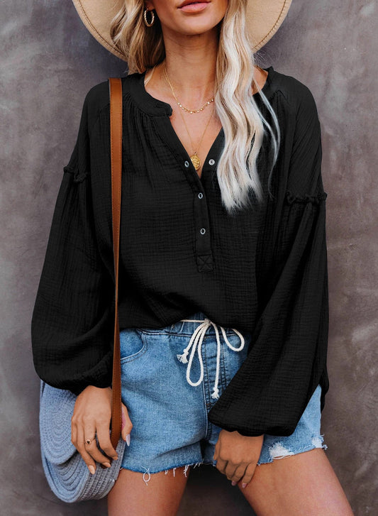 Solid Color Mosaic Lantern Sleeve Button V-Neck Casual Shirt Woman