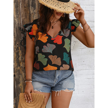 Fashionable V-Neck Flutter Sleeve Shirt Casual Printed Top