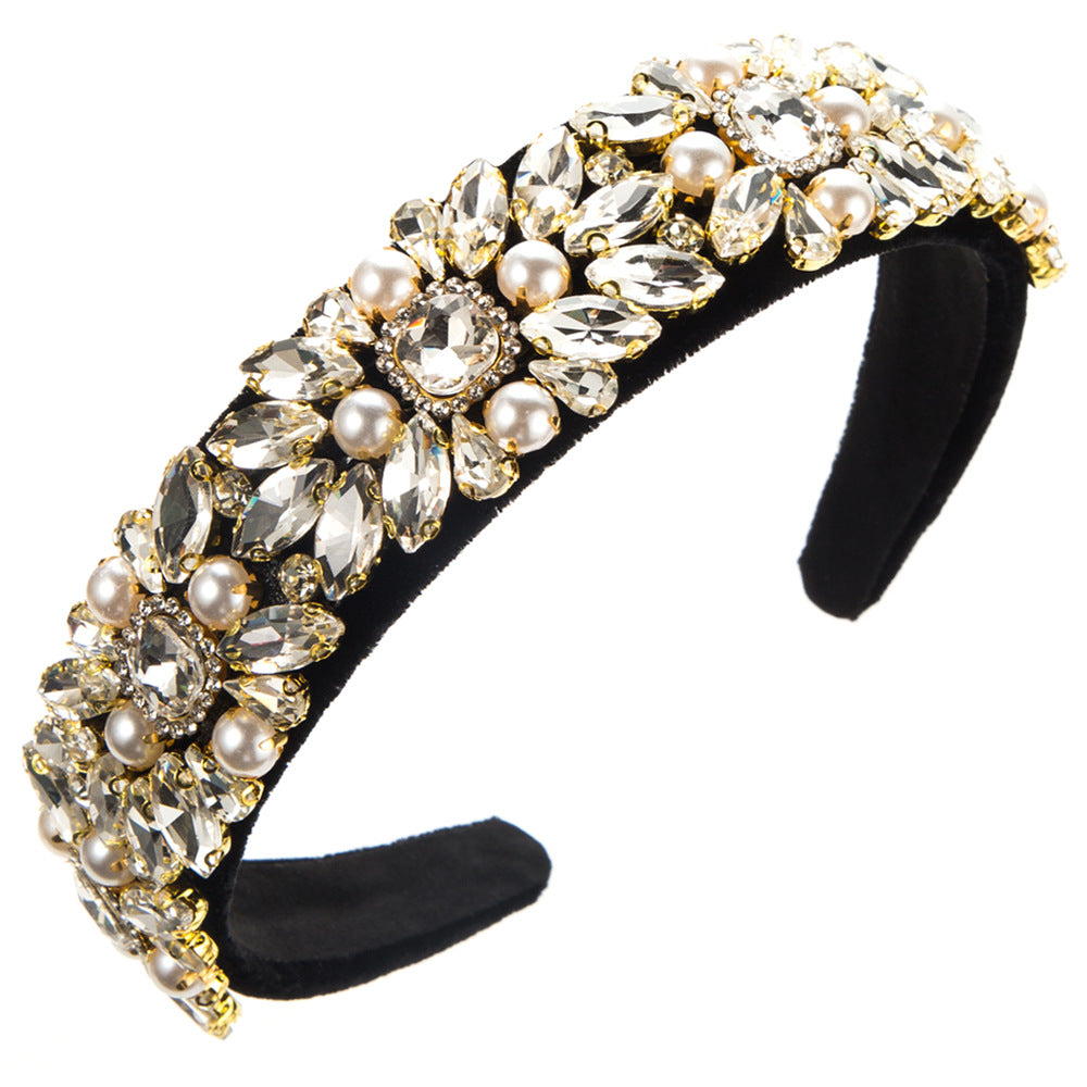 Baroque Velvet Wide Headband With Pearls and Rhinestones