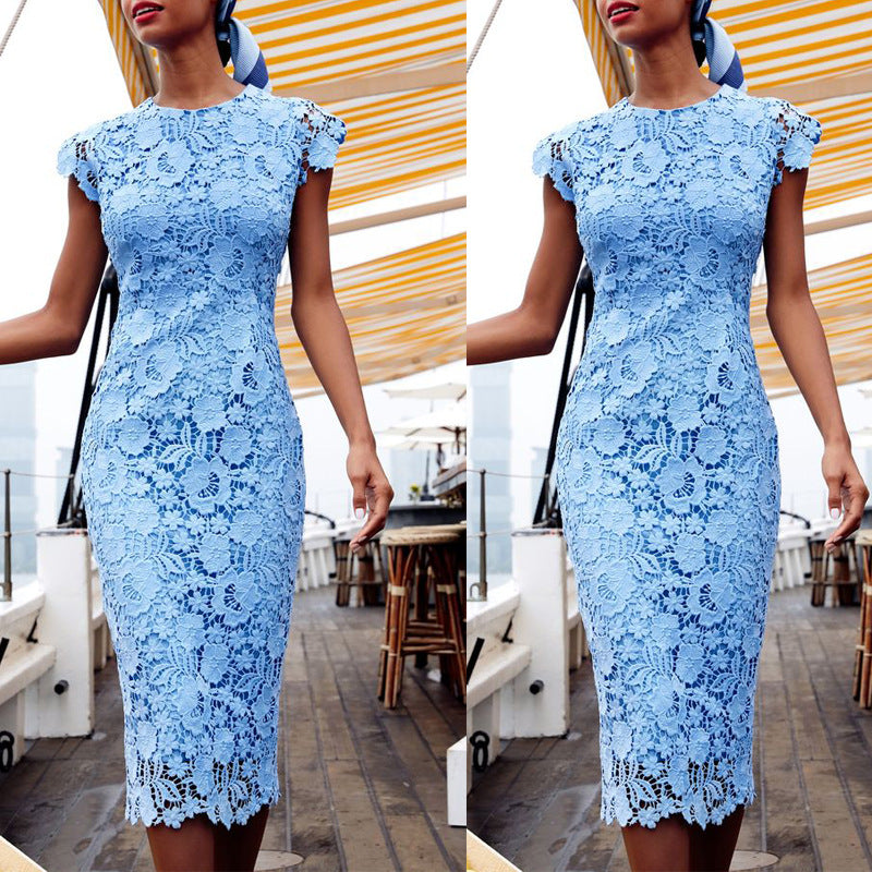 Elegant Lace Midi Dress With Round Neck Short Sleeves