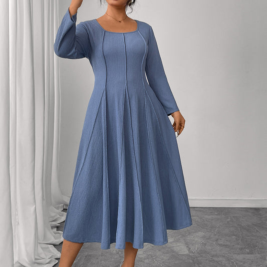 Plus Size long Sleeve Printed Maxi Dress with Square Neck