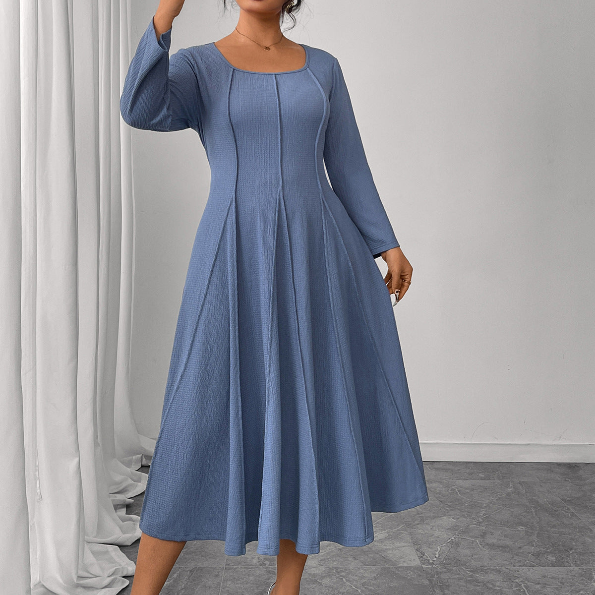 Plus Size Long Sleeve Printed Maxi Dress With Square Neck