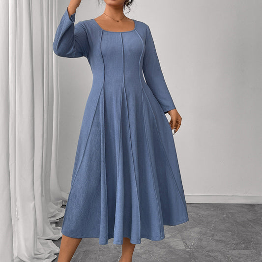 Plus Size Long Sleeve Printed Maxi Dress With Square Neck