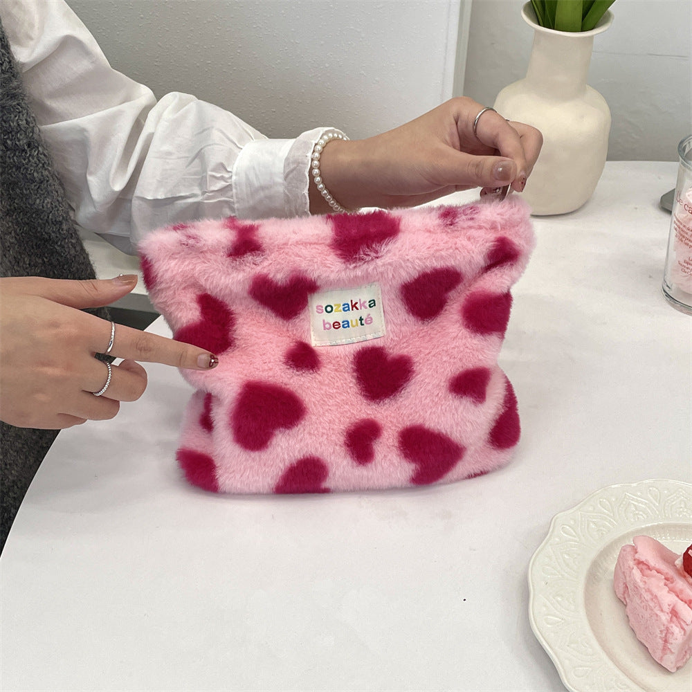 Polka Dot Plushed Large Capacity Make Up Bag