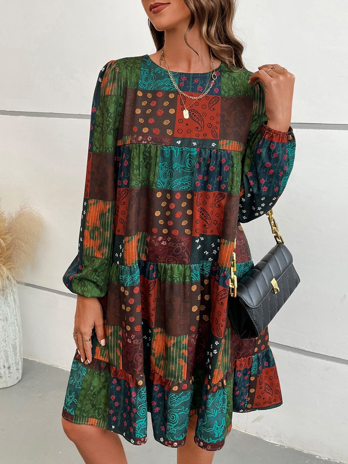 Women'S Round Neck Fashion Casual Long-Sleeved A-Print Dress