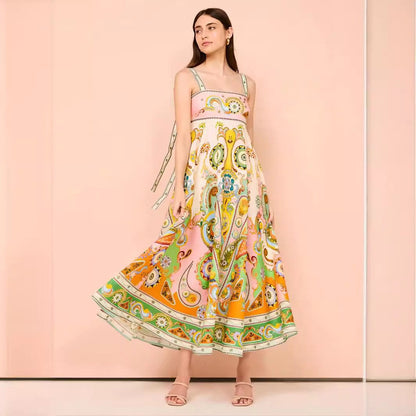 New Floral Print Linen A-Line Dress