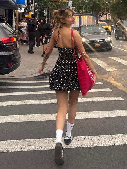 Sweet Heart Neck Polka Dot Pleated Mini Dress