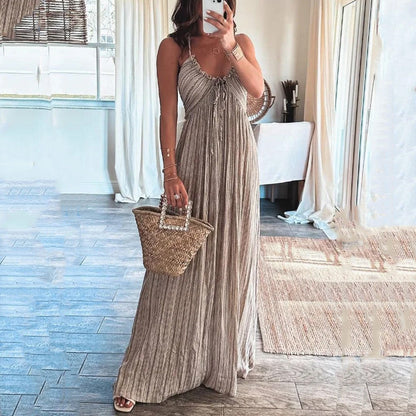 Summer New Solid Color Sexy Open Back U-Neck Strap Back Long Dress