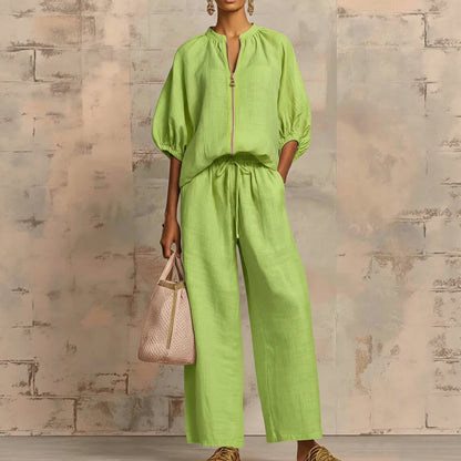 New Arrivals🔥 Stylish Cozy Zipper Shirt & Wide-Leg Pants Linen Cotton Two-Piece Set
