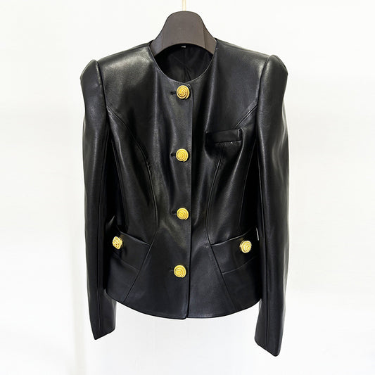 Fashionable Slim Fit Black Pu Leather Jacket With Snail Metal Buttons