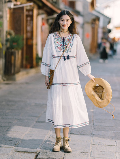 Ethnic Style Embroidered Dress, Heavy Embroidery, Sun Protection, Long Sleeve, Vintage Loose Dress