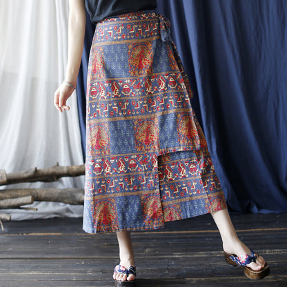 Original Retro Women'S Half Length Skirt, Summer Mid Length Cotton And Linen Irregular Long Skirt