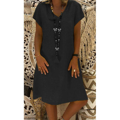 Short Sleeve Medium Skirt V-Neck Dress
