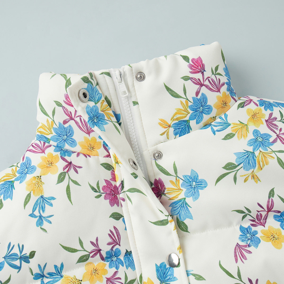 Floral Print Stand Collar Zipper Cotton Padded Jacket