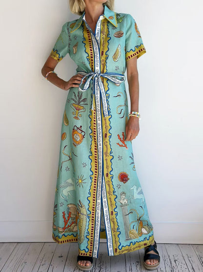 Casual Doodle Pattern Lantern Sleeve Cardigan Dress