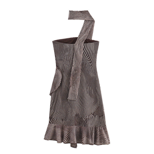 Vintage Striped Print Layered Halter Mini Dress