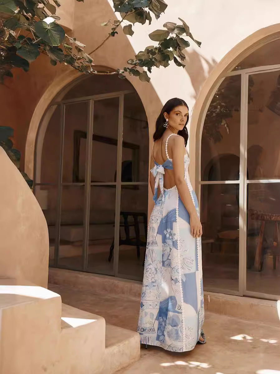 Elegant Floral Lace-Up Back Midi Dress