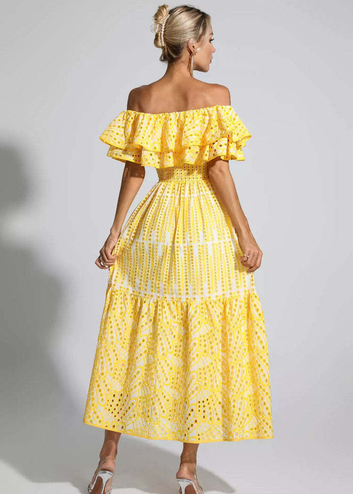 Ruffle Off Shoulder Dress Yellow Embroidered Midi
